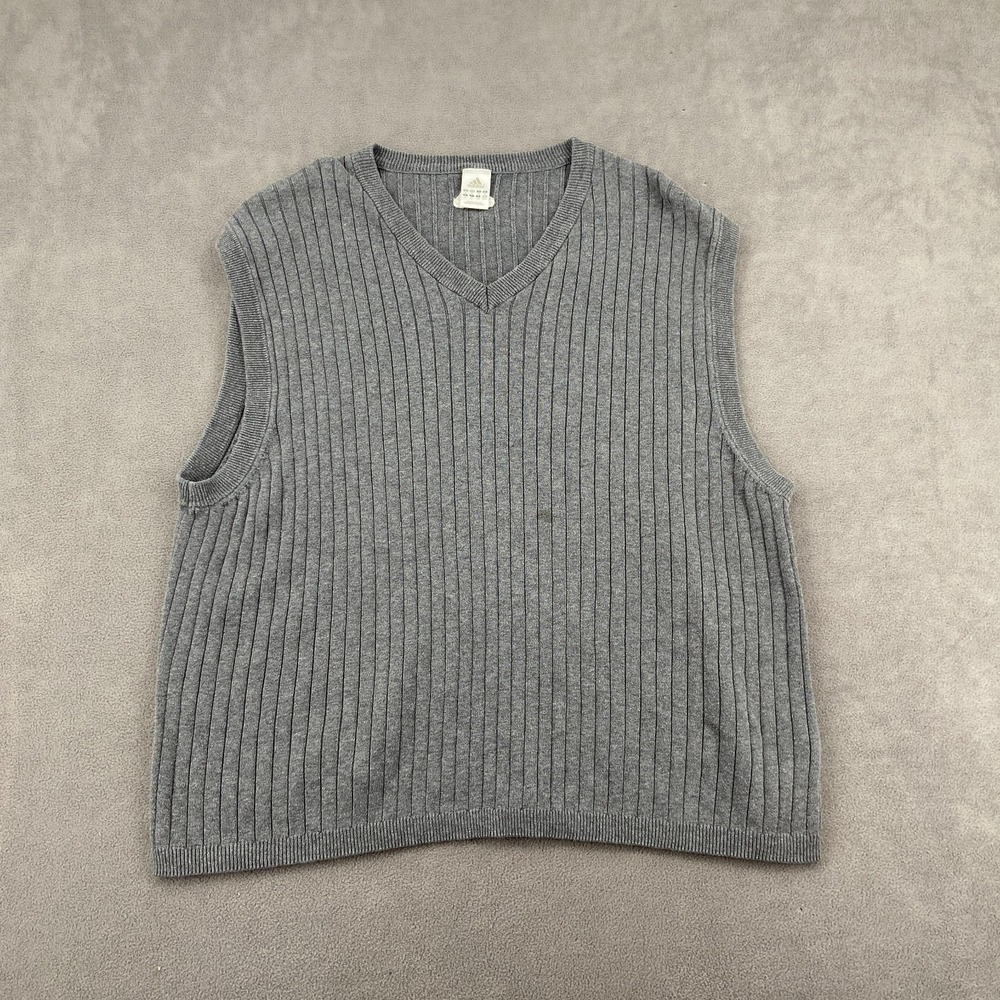 Vintage Adidas Sweater Vest Sz XL Heather Gray Cotton Tight Knit Ribbed V Neck